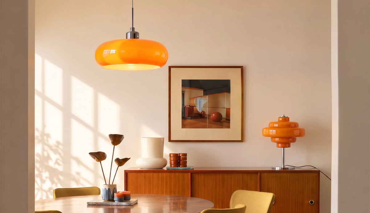 White glass pendant lighting above a dining table