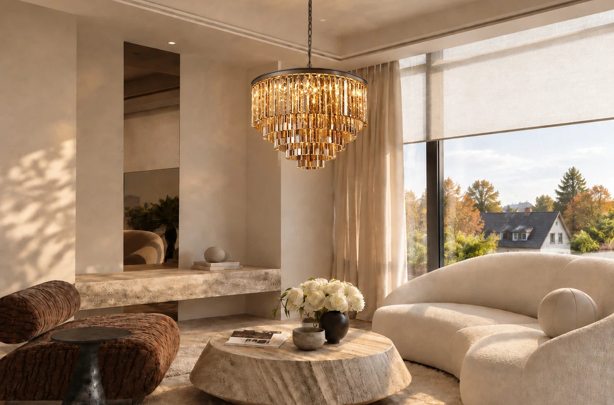 Amber glass pendant lighting in a living room