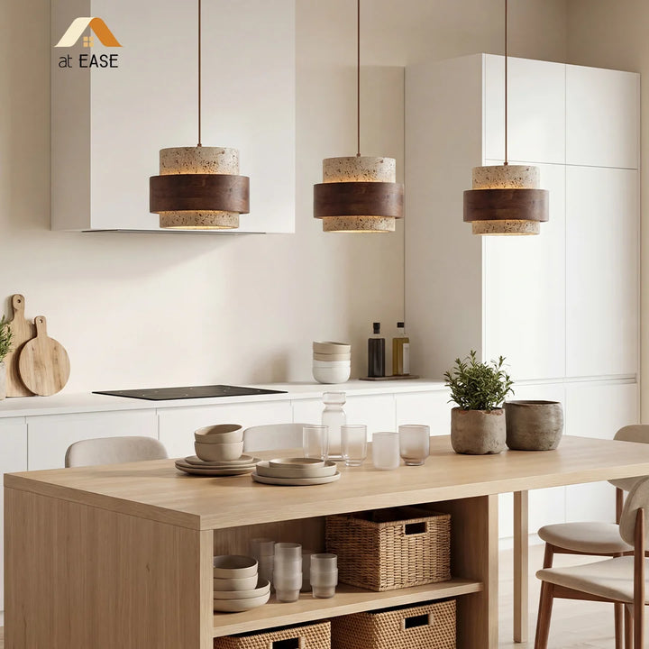 Lampadario In Travertino E Legno, Stile Wabi Sabi, Altezza Regolabile 170 Cm, Attacco E27, Per Cucina E Soggiorno