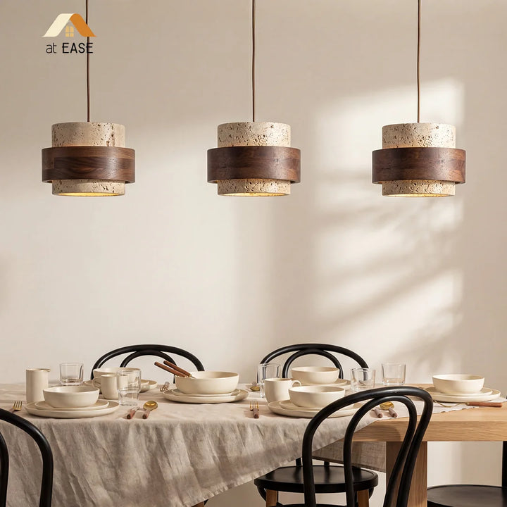 Lampadario In Travertino E Legno, Stile Wabi Sabi, Altezza Regolabile 170 Cm, Attacco E27, Per Cucina E Soggiorno