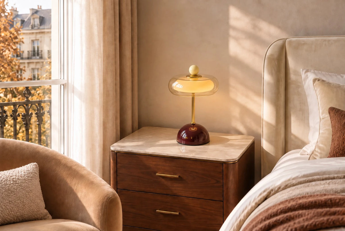 White table lamp in a calm bedroom