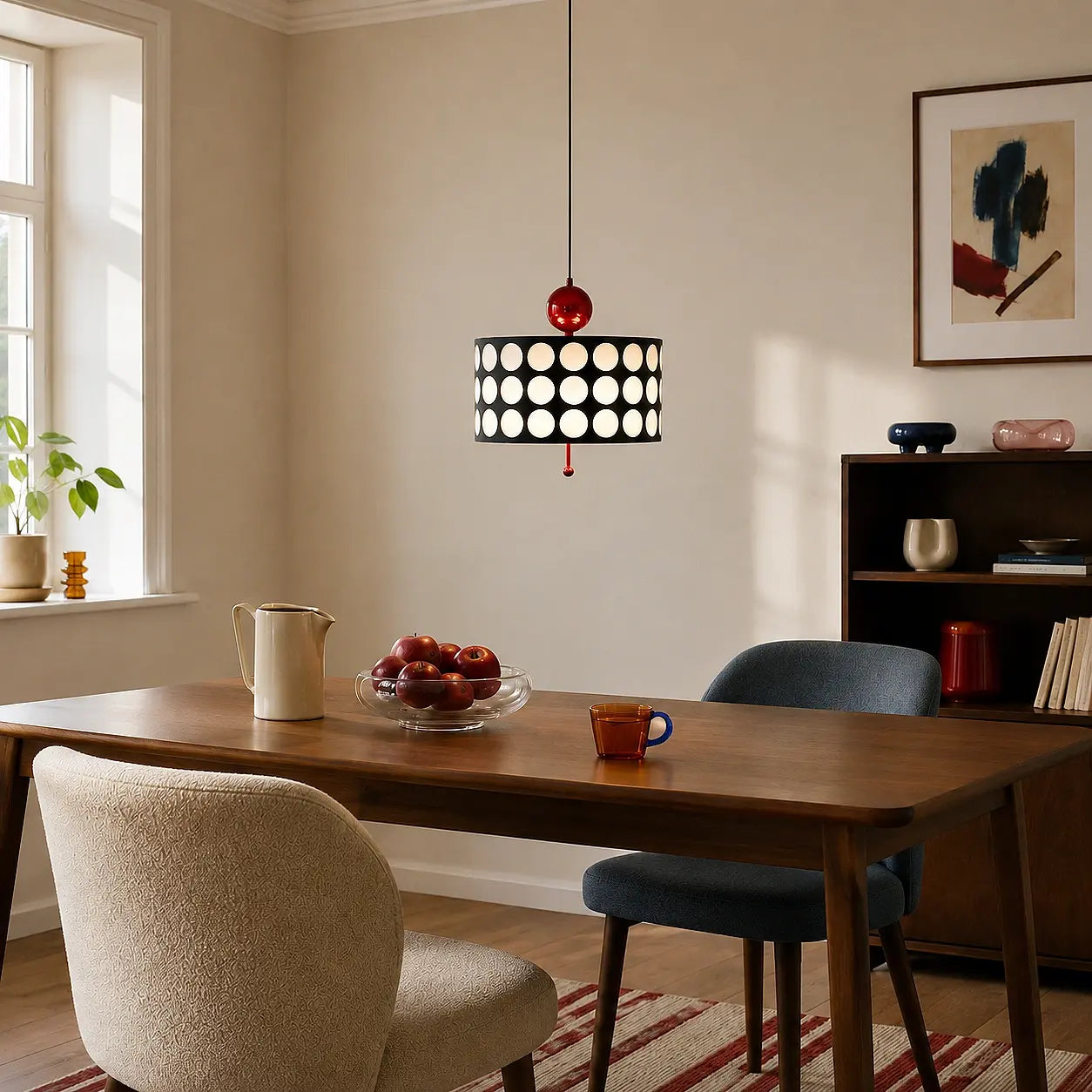 Red Jaxon pendant above a walnut dining table in a bright Nordic home