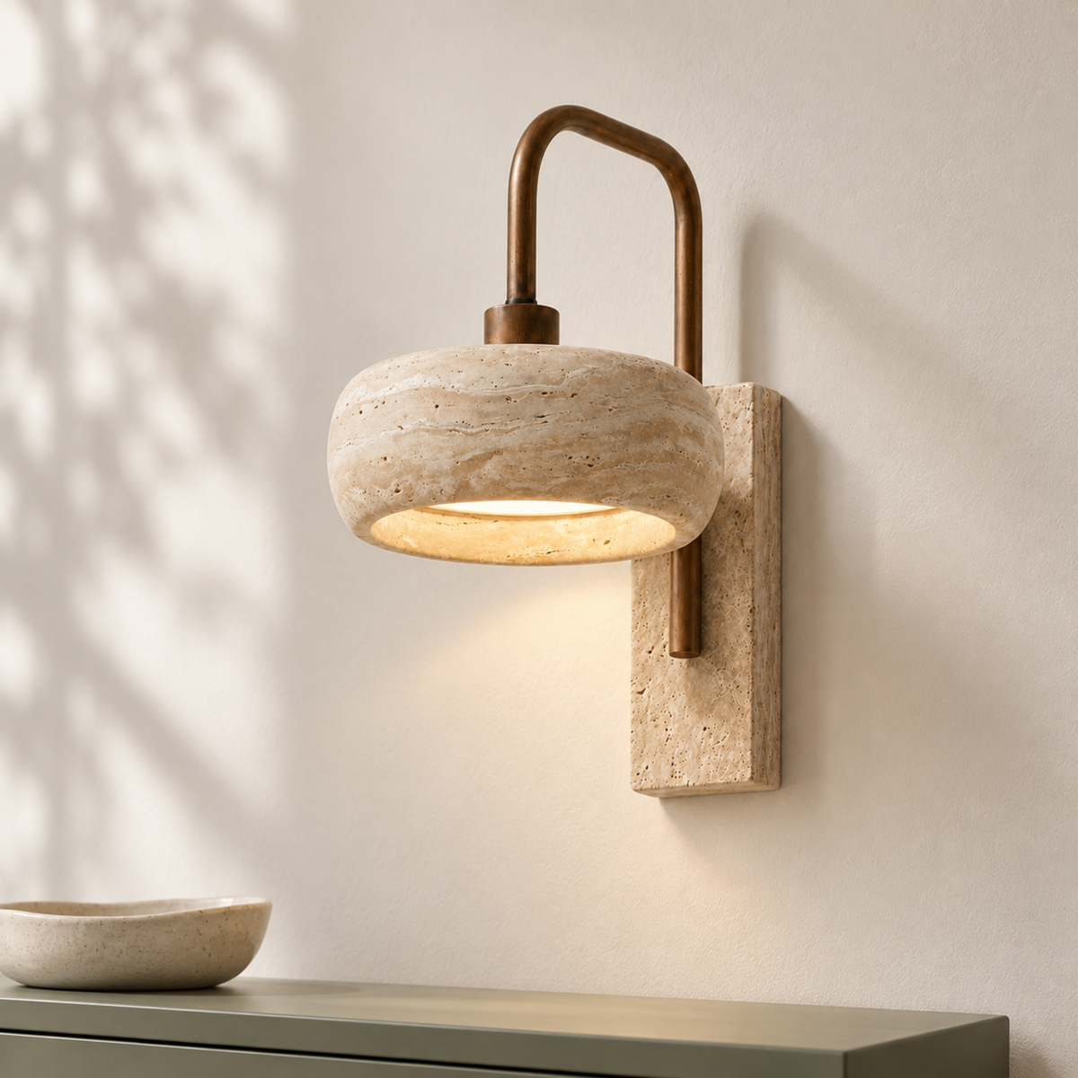 Vela Wabi-Sabi travertine wall light, featured close view